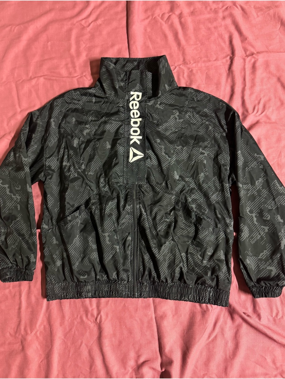 Reebok Black Gray Camo Windbreaker Track Jacket Size Large Full Zip